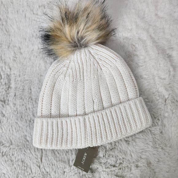 J. Crew NWT Chunky Ribbed Knit Pom Pom Beanie Hat Wool Blend White main image 7